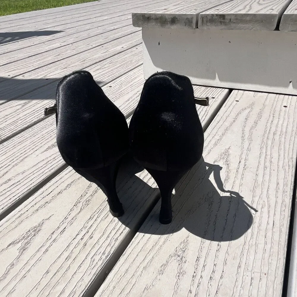 Jiajia Women’s Black Satin Ballroom Dance Shoes T-Strap Rhinestone Heels Size 10